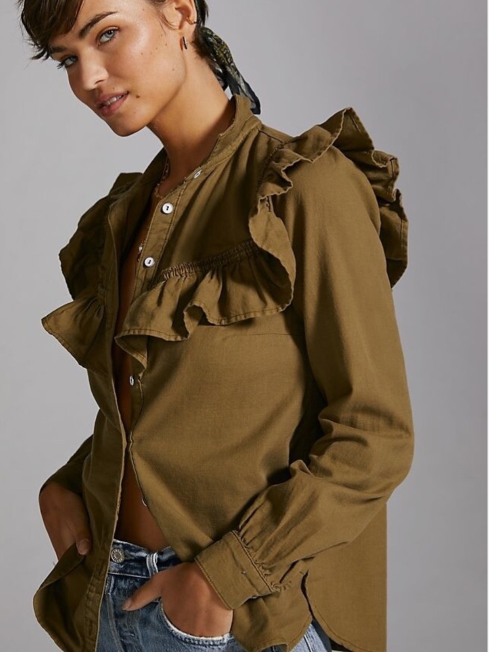 NWT Anthropologie Pilcro Ruffle Twill Button Down Blouse Size XS